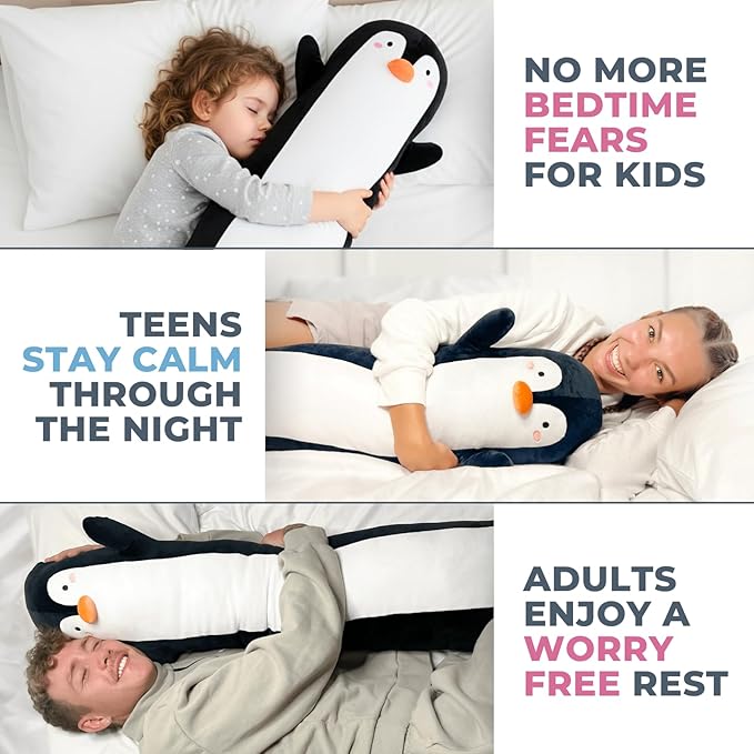 Penguin Plush Body Pillow for Kids | Long Stuffed Animal Cuddle Pillow | Soft Hugging Toy | Plushie Gift for Girls & Boys | Long Plush Body Pillow for Sleep & Comfort | Medium, 35 Inches