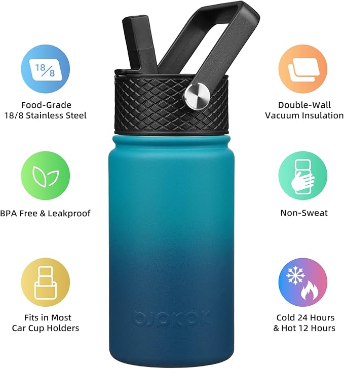BJPKPK Insulated Water Bottle with Straw Lid, 15oz Cute Water Bottles, Stainless Steel Metal Thermo, Reusable BPA Free Leak Proof Tumblers, Cups,Vast