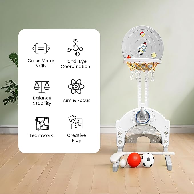 4-in-1 Toddler Basketball Hoop Adjustable Height Indoor Outdoor Sports Center for Kids Aged 1-3 Basketball, Soccer, Hockey & Ring Toss, Grey and White