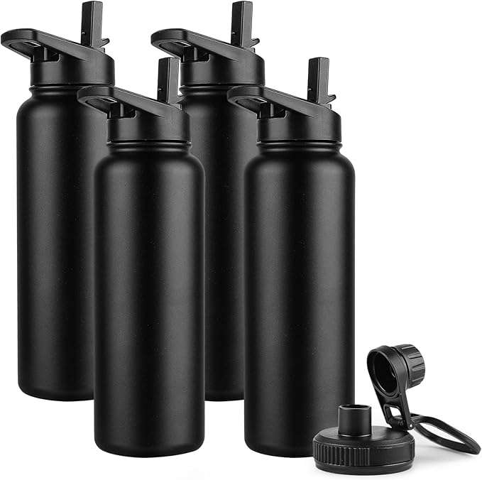 DOMICARE 40 oz Insulated Water Bottle Bulk, Vacuum Insulated Stainless Steel Sports Water Bottle with Straw Lid & Spout Lid, Leakproof, Reusable - Travel, Camping, Bike, Black (4 Pack)