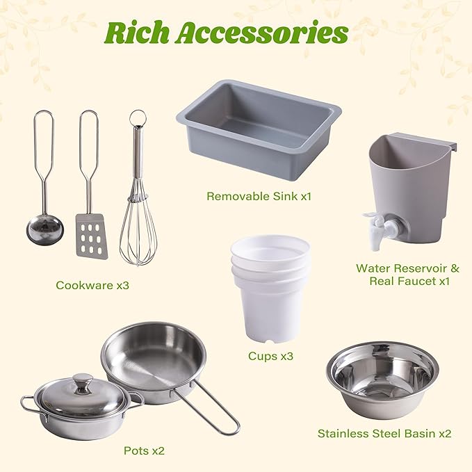 ROBOTIME Mud Kitchen for Kids Outdoor, Wood Outdoor Kitchen with Insect Observation Box & Planter Box, Toddler Play Kitchen with Removable Sink & Faucet, Pretend Outdoor Playset for Garden Fun