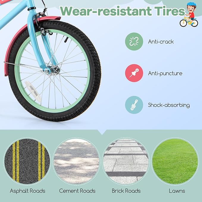 BABY JOY Colorful Macarons Kids Bike, 12 14 16 18 Inch Sporty Children's Bicycle with Training Wheels, Adjustable Handlebar & Saddle, Handbrake & Coaster Brake, Boys Girls Bike for 3-8 Years Old