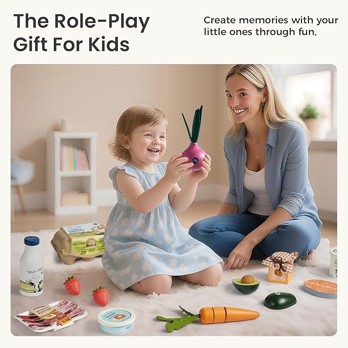 Tiny Land Organic Wooden Vegetable & Fruit Play Set – 7PCS Pretend Food for Kids, Montessori Kitchen Toy for Toddlers, Role Play Grocery Gift