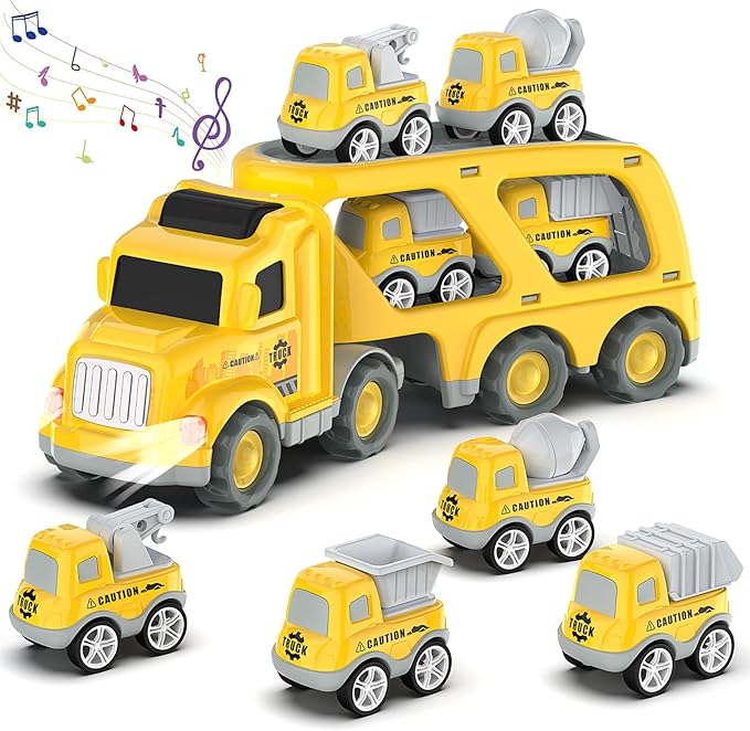 Veslier Toddler Car Toys for 3 4 5 Years Old Construction Transport Truck with 4 Pack Small Pull Back Construction Vehicles Friction Power Cars Christmas Birthday Gifts for Kids Boys Girls