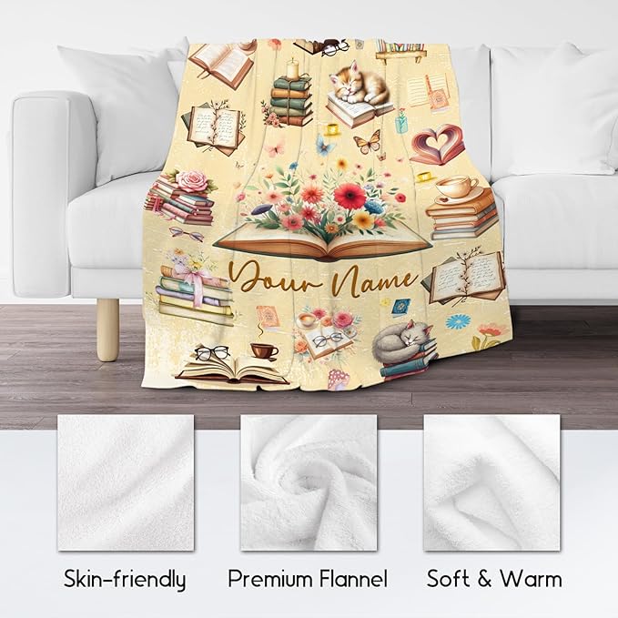 Blanket for Girls, Book Blankets, Personalized Book Lovers Gifts for Kids Daughter Granddaughter, 40"x50" Custom Cozy Plush Throw for Library Nap