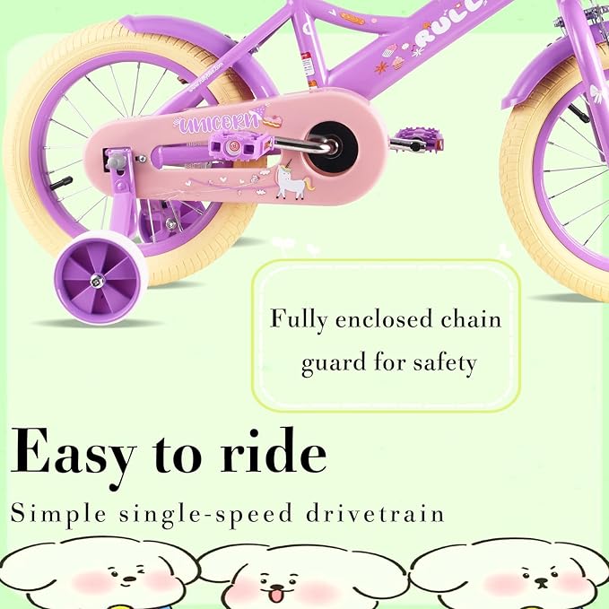 RULLY Kids Bike 12 14 16 inch for 2-7 Years Girls with Training Wheels & Front Handbrake, Kids Bicycle with Basket Bike Streamers Toddler Cycle Bikes
