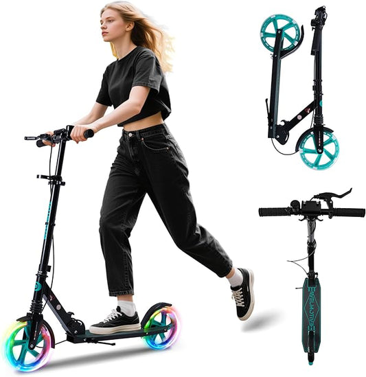 Kick Scooter for Kids Ages 8+ Teens & Adults, with Front handbrake and Rear Brake, and Adjustable Handlebars, Big Sturdy PU Flash Wheels Great Gift & Toy