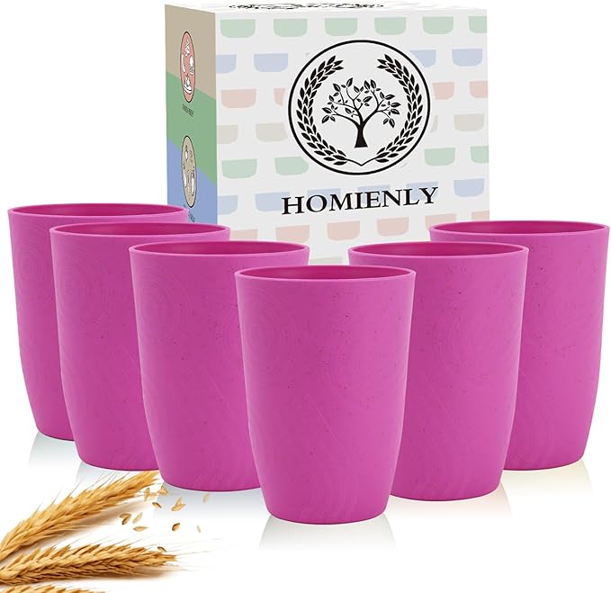 Homienly Wheat Straw Cups 6 PCS Plastic Cups Reusable Unbreakable Drinking Cup Alternative Plastic Cups Plastic Stackable Water Tumblers Dishwasher Safe Water Glasses (16 OZ,Pink)