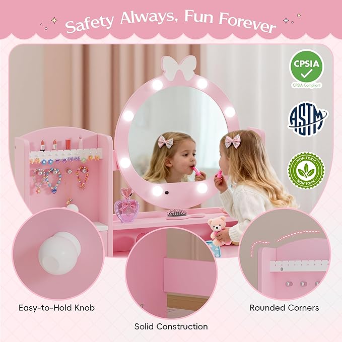 TOLEAD Kids Vanity, Girls Vanity Set with Mirror and Stool and Lights, Toddler Vanity Table and Chair Set with Jewelry Storage, Wooden Princess Makeup Desk Dressing Table for Little Girls (Pink)