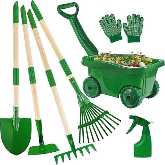 Duckura Kids Gardening Tools Set - 7pcs Wheelbarrow Set for Kids with Shovel, Rake, Leaf Rake, Summer Outdoor Yard Digging Weed Toys, Halloween Birthday Gifts for Boys Girls Age 2 3+ Years Old(Green)