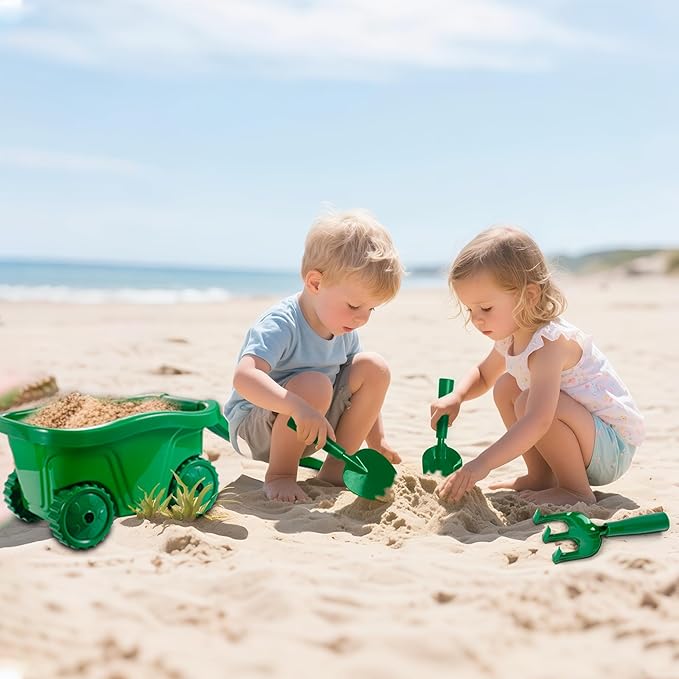 Duckura Kids Gardening Tools Set - 7pcs Wheelbarrow Set for Kids with Shovel, Rake, Leaf Rake, Summer Outdoor Yard Digging Weed Toys, Halloween Birthday Gifts for Boys Girls Age 3+ Years Old(Green)