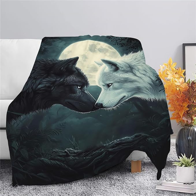 Wolf Blanket Black White Wolf Throw Blanket Wolf Gifts for Men Women Boys Girls Kids Adults Super Soft Cozy Plush Fluffy Fuzzy Fleece Blanket Home Decor 60''X80''