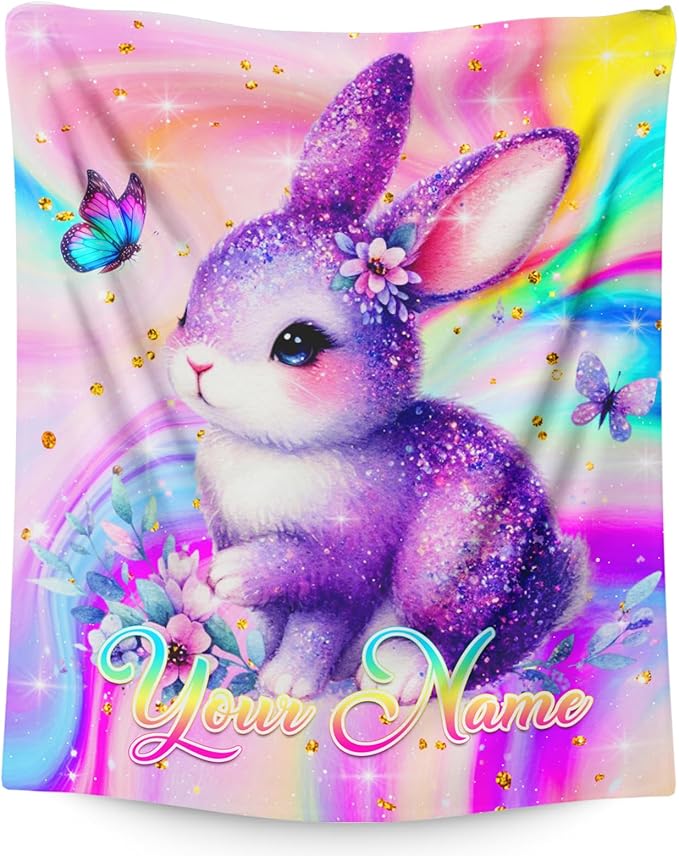 Personalized Blanket for Girls, Bunny Throw Blanket Gift for Kids Teens, Custom 80"x60" Soft Cozy Blankets for Couch Sofa Bed Travel Bedroom Decor
