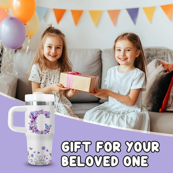Letter C Tumbler Gifts, 14oz Letter C Themed Tumbler with Handle and Straw, Stainless Steel Double Wall Vacuum Insulated Cup Keep Hot Cold - 14oz Travel Mug with Lid Tumblers for Home Work Outdoor Use