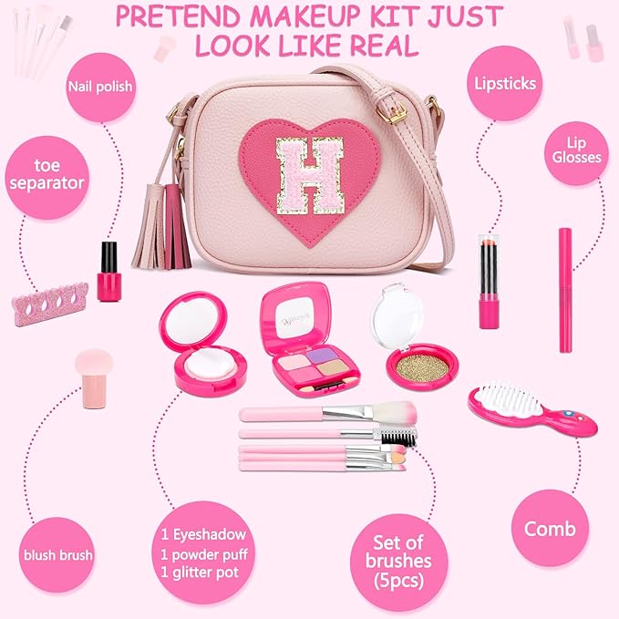 CBEE Kids Pretend Makeup Kit for Girls Non Toxic Make Up Toys Toddler Purse Personalized Gifts for 3 4 5 6 7 8 Year Old Girls (H)