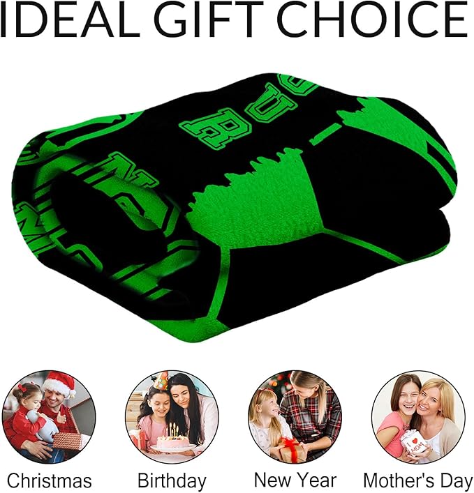 Personalized Soccer Throw Blanket with Name - Soft, Fuzzy & Warm - 60x80 Inches Twin Size Blanket for Couch, Office - Green Funny Throw Gift for Boys, Men