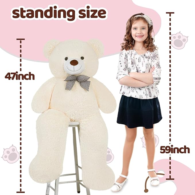 Giant White Teddy Bear 47" Stuffed Animals Plush Toy, 4 Feet Cute Life Size Big Soft Bear for Boy Girl Birthday Valentine Mother's Day, 120 CM, 5 LBs