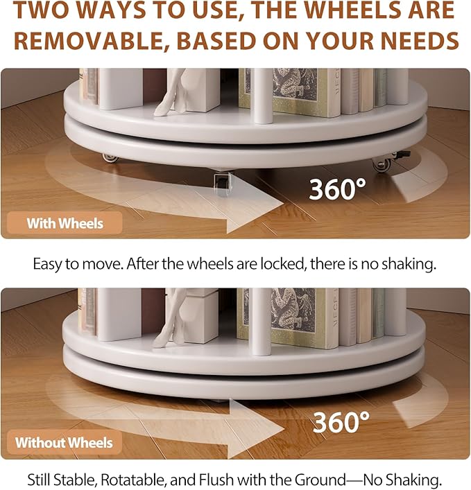Solid Wood Rotating Bookshelf on Wheels, 5 Tier, Round Revolving Bookcase, 360° Spinning Book Shelf Tower for Kids, Narrow Rolling Bookshelves for Small Space, Corner, Bedroom, Office, White