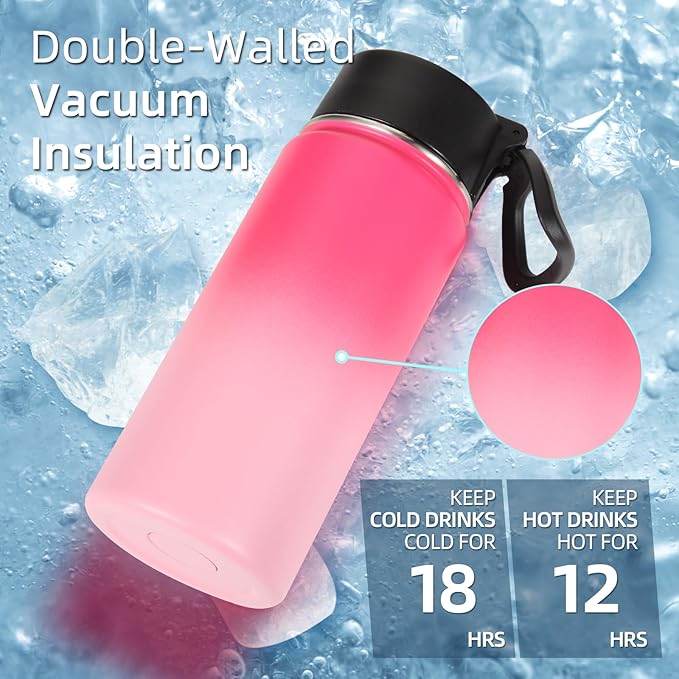 Volhoply 16 OZ Kids Water Bottle Bulk 4 Pack,Insulated Sports Bottles with Straw Lid,Stainless Steel Bottle with Handle Keep Cold & Hot,Double Wall Vacuum Cups for School,Girls(Peach, 4)