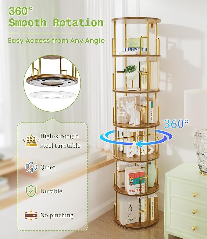 6 Tier Rotating Bookshelf Tower Round,74” Tall Spinning Bookshelf Tower Anti-Tipping Design,Metal & Wood Standing Revolving Bookcase Stackable Space Saving for Small Spaces,Study,Living Room,Bedroom