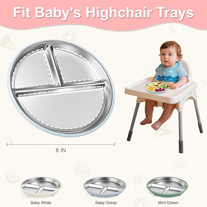 Bella’s Friends Stainless Steel Baby Plates with Suction 3 Pack, 8” Divided Toddler Plates with Removable Silicone Sleeves for Mess-Free Feeding, Non-Toxic, Non-Slip, Dishwasher Safe, beige,gray,green