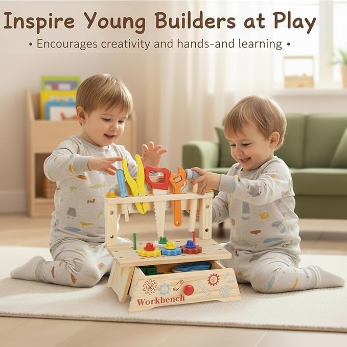 REXBETI Kids Tool Set, Wooden Toddler Tool Set with Apron, Toddler Tool Bench, Educational Montessori Toys for 3 Year Old Boys, Pretend Construction Kits, Birthday Gifts for 3 4 5 Year Old Boy Girl