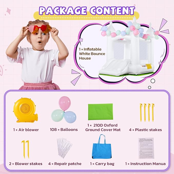 Inflatable White Bounce House for Kids Indoor Outdoor Bouncy Castle for Kid 3-10 Toddler Bounce House with Ground Cover Mat& Blower, Wedding Party Kids Birthday Party (Small Bounce House White)