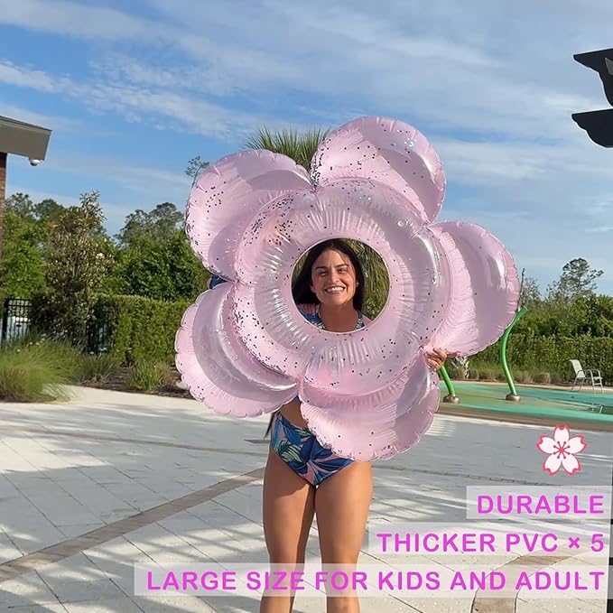 HeySplash Pool Floats for Adults, Large Floats Inflatable Floatie Loungers with Glitter, Swim Tube River Lake Wedding Bride Engagement Party Decor Toy Raft, Flower Bachelorette Fun Decor, Light Pink