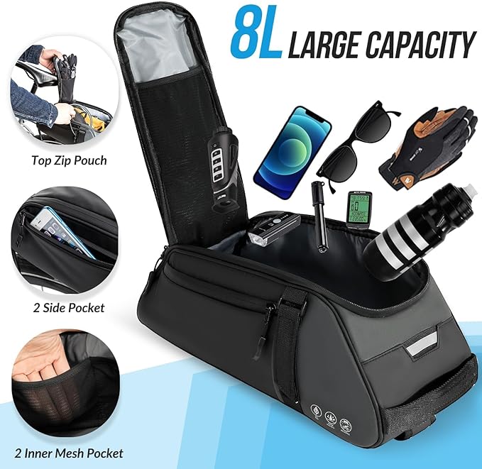 WOTOW Reflective Rear Rack Bag, Water Resistant Bike Saddle Panniers for Bicycles Ebike, 8L Trunk Cycling Back Seat Cargo Carrier Storage Pouch With Shoulder Strap for Travel Commute