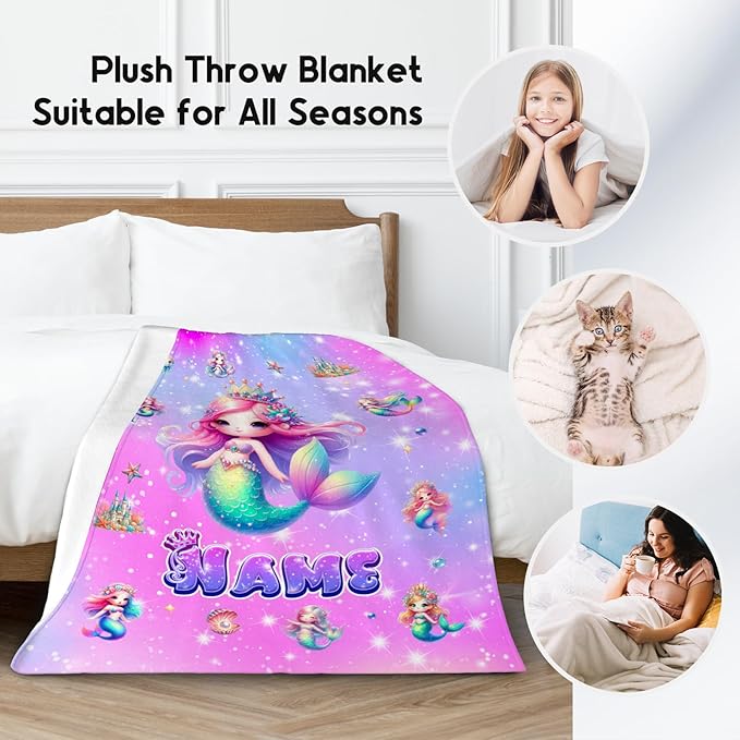 Mermaid Blanket for Girls - Personalized Blankets Gifts for Kids Toddler - Soft Fuzzy Cozy Throws for Sofa, Living Room, 4 Size