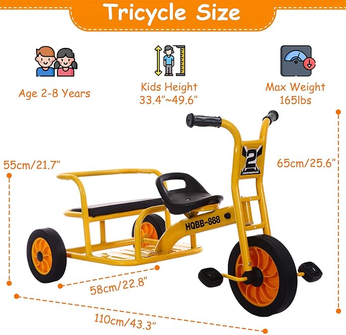 Kids Tricycle for Ages 2-8, Kids Trike Bike with Adjustable Seat, Airless Rubber Tires and Rear Padded Seat, Preschool Daycare Tandem Tricycle, Gift for Boys and Girls