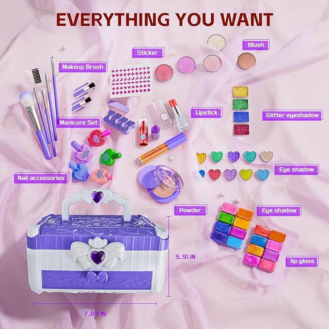 Kids Makeup Sets for Girls - Washable Makeup Toys with Mirror, Real Dressing Table with Stand Princess Pretend Makeup Sets for Ages 3 4 5 6 7 8-12 Year Old Girls Birthday & Christmas