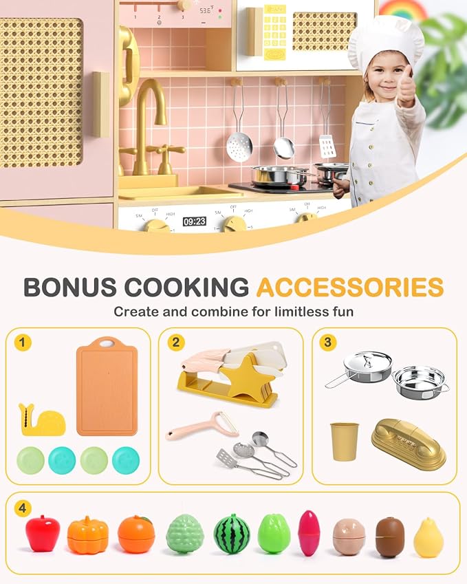 Babytronic Wooden Kitchen Playset for Kids - Pink Pretend Play Kitchen with Lights & Sounds, Retro Style Toy Kitchen for Toddlers Ages 3+, Wooden Play Kitchen Set with Realistic Design (Pink)