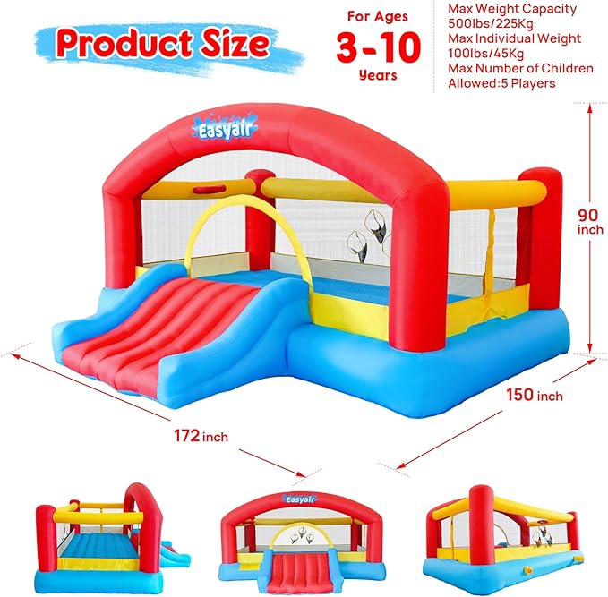 Inflatable Bounce House for Kids, 14.3 x 12.5 FT Bouncy Castle Jumper Slide with 520W Blower, Basketball Hoop, Throwing Ball Game, Ball Pits, Red