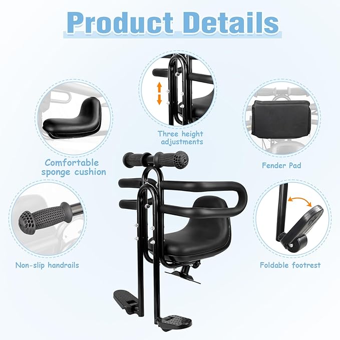 Child Bike Seat - Front Mount, Kids Bike Seat for Adult Bike,Retractable Baby Bike Seat Front Mounted, Toddler Bike Seat for Children 8 Months~4+ Years Old, Brown/Black