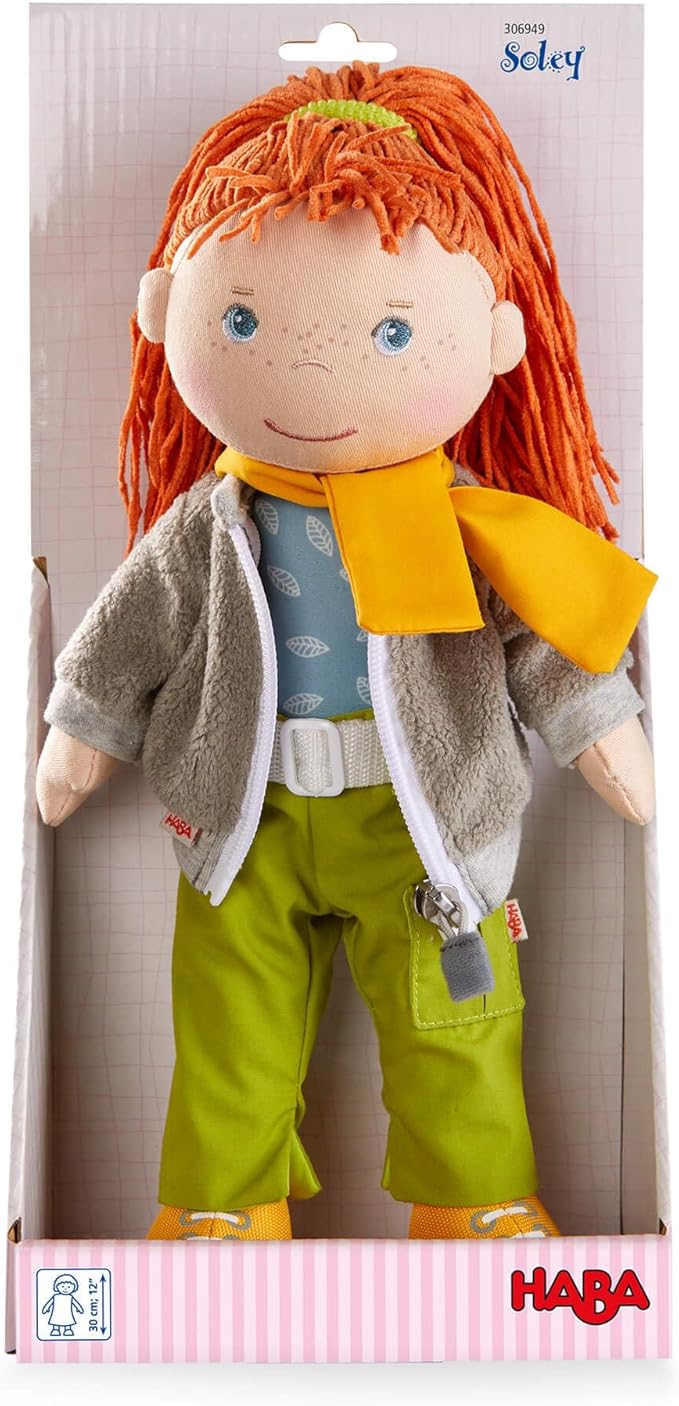 HABA 12" Soft Doll Soley with Red Hair, Outdoor Adventure Outfit and Embroidered Face, Machine Washable Baby Doll with Clothes and Baby Dolls for 18 Months and up
