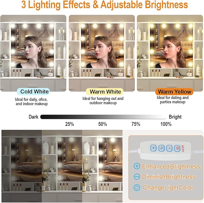 39.4'' W Vanity Desk with Storage Mirror and Lights, Makeup Vanity Set with Lighted Mirror, Drawers and Stool, Adjustable Brightness, White Vanity Dressing Table for Bedroom, Girls and Women Gifts