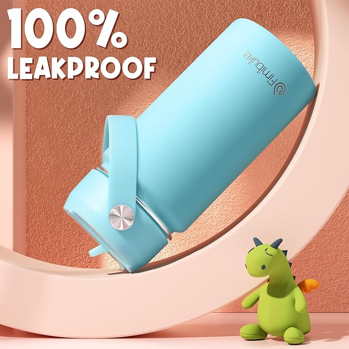 Fimibuke Kids Insulated Water Bottle, 14oz BPA FREE 18/8 Stainless Steel Travel Tumbler Double Wall Vacuum Leak Proof Kids Cup with Straw Metal Water Bottle for School Boys Girls(1 Pack, Sky)