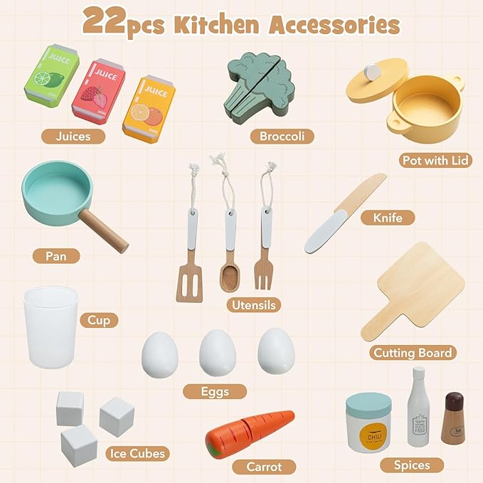 Costzon Corner Kitchen Playset, Kitchen Toy Set w/Real Lights & Sounds, Large Fridge, Ice Maker, Oven, Microwave, Washer, Trash Can & 22 Accessories, Wooden Pretend Play Kitchen for Kids 3+ (Beige)