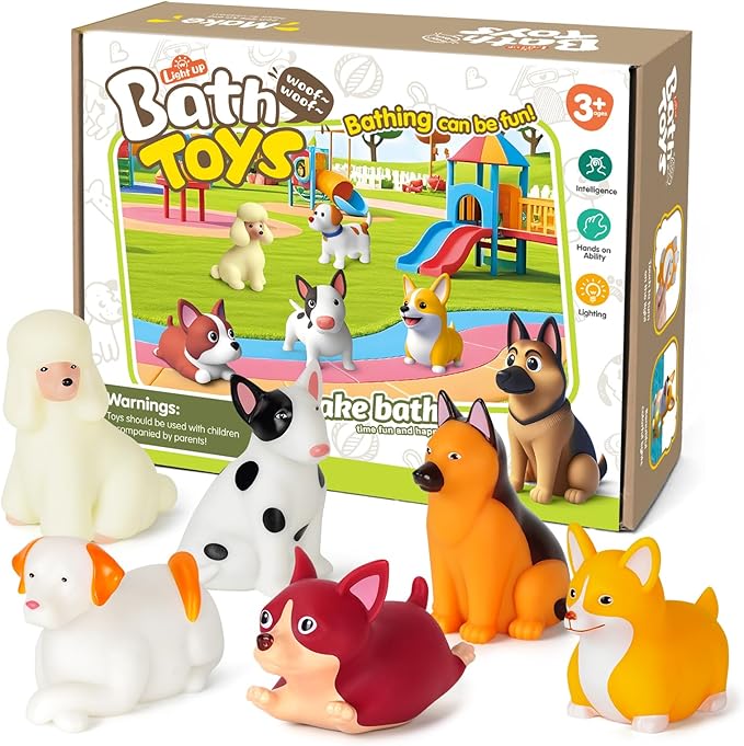 Bath Toys for Toddlers 1-3: 6 PCS Light-Up Dog Bath Toy Set, Baby Bath Toys, Bathtub Pool Bath Toy for Kids, Christmas Birthday Gifts for Boys & Girls Ages 1 2 3+ Years Old