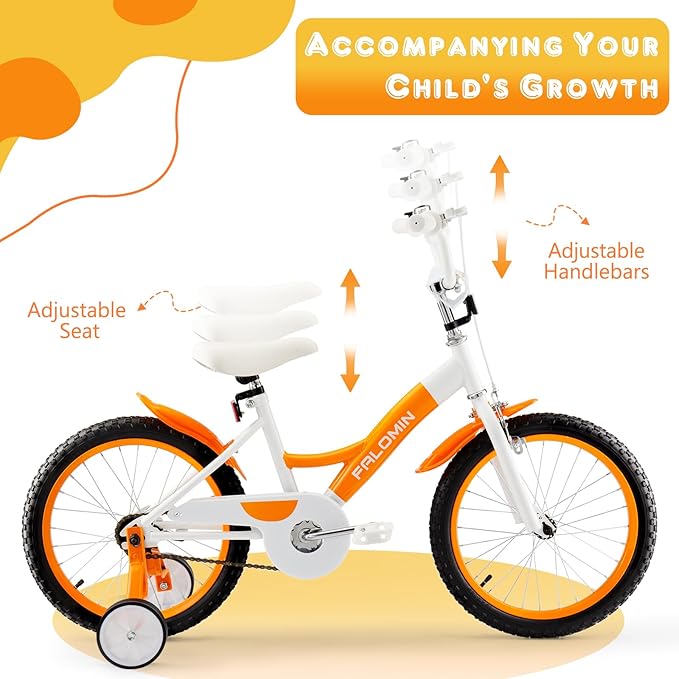 14/16/18 Inch Children’s Bike for Toddlers Kids Ages 3-9, Safe Non-Slip Tires, Removable Training Wheels, Coaster Brake, Easy Assembly, Perfect for Boys and Girls, Orange