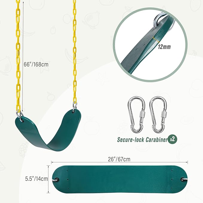 RedSwing Belt Swing Seat for Kid with 66" Heavy Duty Chains, Playground Swing Set Replacement Accessories with Snap Hooks, for Outdoor Backyard Play Safety, Green