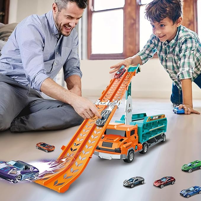 Toddler Car Truck Toys,Car Carrier Truck Toy for Kids Age 3-5 4-8,Foldable Car Track Sets with 2.8-Ft Race Track and 6 Die-Cast Race Cars, Truck Toys Gifts for 3 4 5 6 7 8+ Year Old Boys Girls(orange)