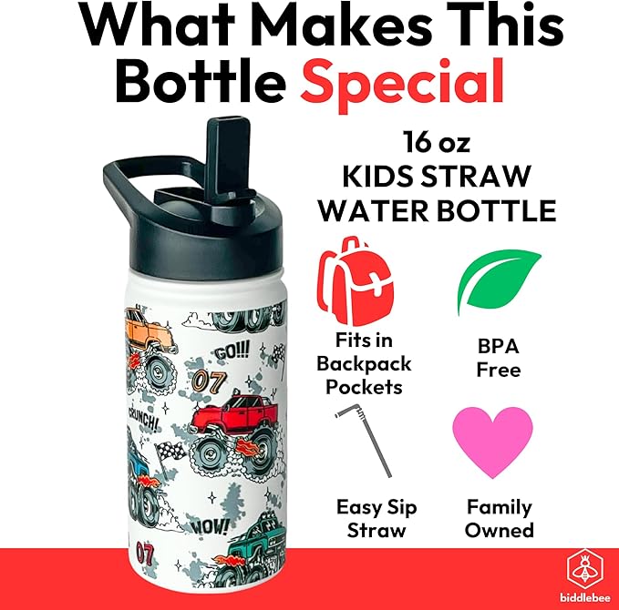 Biddlebee Kids Water Bottle with Straw Lid – 14oz Insulated Stainless Steel Bottle for School – Leakproof Cap with Handle & Touch-Free Spout – For Boys & Girls