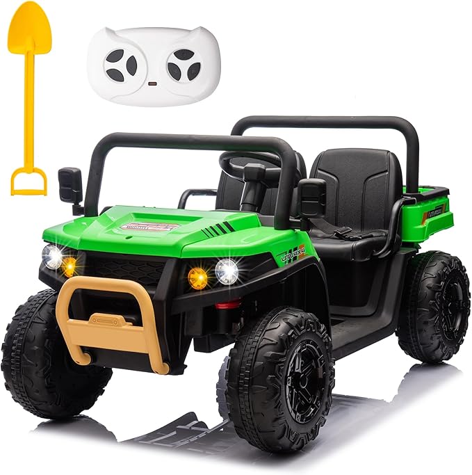 POSTACK 24V 2 Seater Electric Dump Truck for Kids, Ride on Battery Powered Electric Vehicle with Parental Remote Control, Tractor UTV for Kids to Drive w/Bluetooth, Music, Green