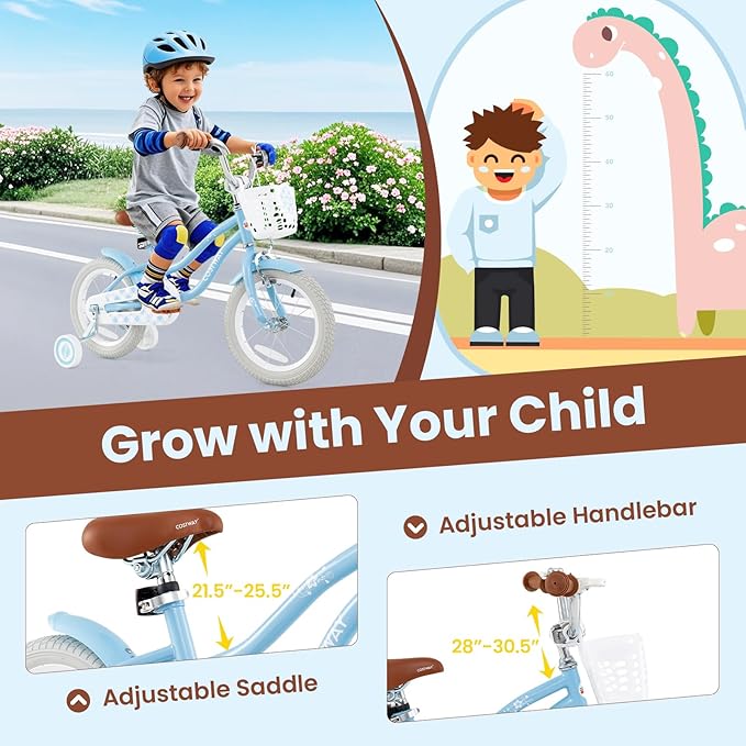 COSTWAY Kids Bike, 12 14 16 18 Inch Toddler Bike Children Bicycle w/Training Wheels, Hand & Coaster Brakes, Adjustable Saddle & Handlebar, Basket, Bell, Kids Bicycle for Girls Boys Aged 3-8 Years Old