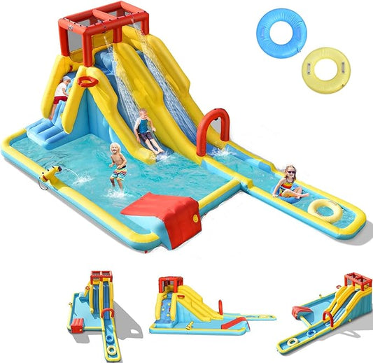 BOUNTECH Inflatable Water Slide, Dual Surfing Slides Kids Water Slide Park Jump Bouncy Castle w/2 Swimming Rings, Large Splash Pool, Backyard Outdoor Blow up Water Slides Inflatables for Big Kids