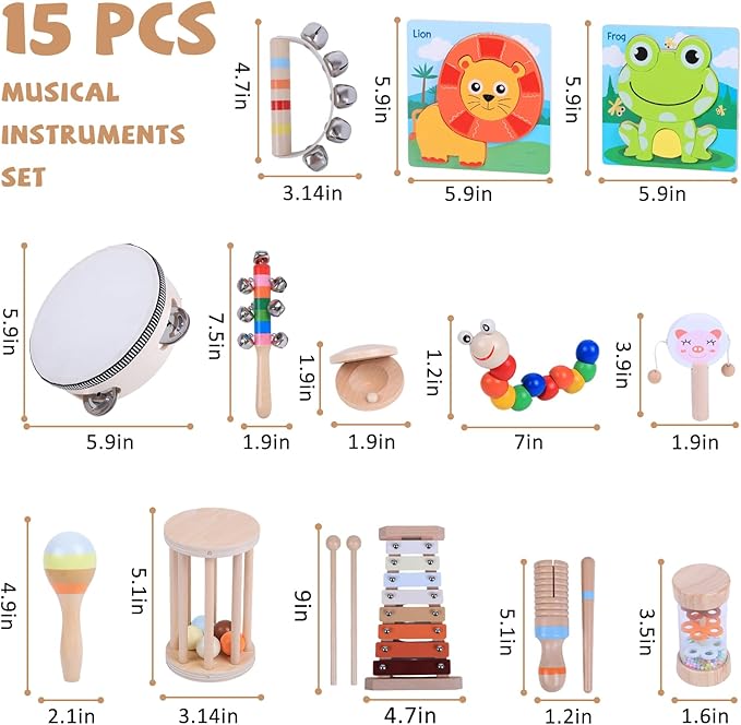 15 PCS Toddler Musical Instruments Montessori Toys for 3+ Year Old Boy Girl Birthday Gifts, Wooden Musical Instruments for Toddlers 3-6, Early Learning Musical Toys for Christmas& Birthday Boys Girls