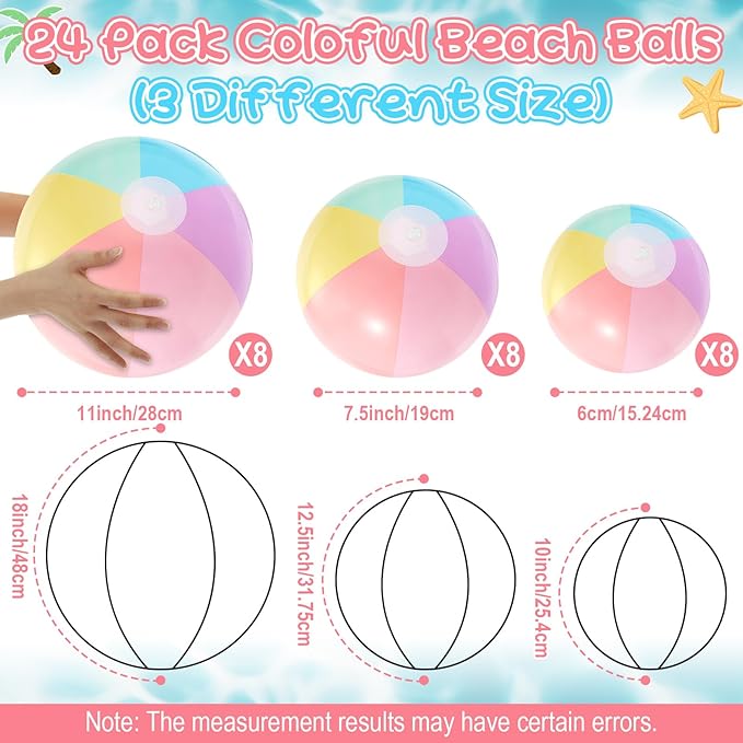 24 Pcs Inflatable Beach Balls Bulk Pastel Color Jumbo Big Macaron Beach Balls for Adults Summer Swimming Pool Water Games Party Favor(16,12,8 Inch)