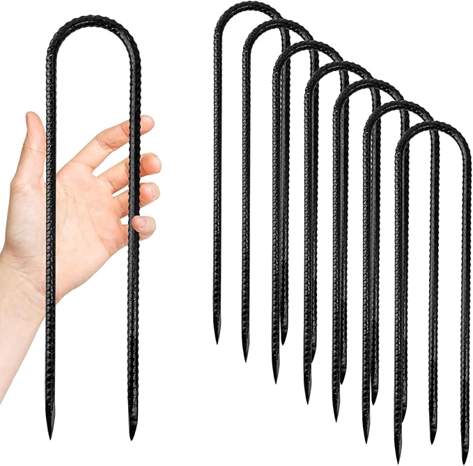 Anothera 8 Pack Heavy Duty Trampoline Stakes, 12 Inches Trampoline Anchors High Wind, Heavy Duty U Shaped Rebar Stakes for Trampoline, Tents, Inflatables, Fences, Outdoor Decoration